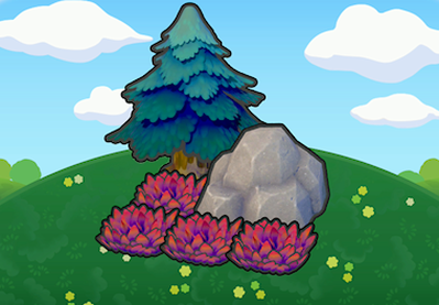 Pointy tree-shaded rocky tall grass
